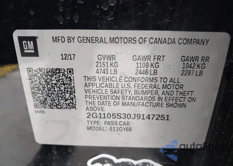 2018 Chevrolet Impala 1Lt z USA, uszkodzony, nr VIN 2G1105S30J9147251